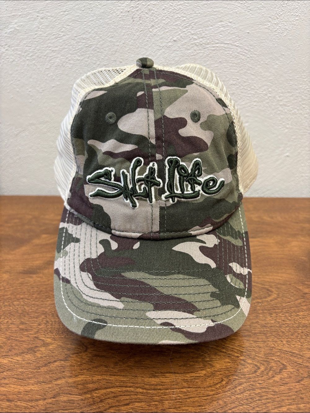 Salt Life Green Camo Trucker Hat with White Mesh